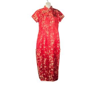 Red Floral Brocade Cheongsam Qipao Dress XL Chinese Traditional Satin Side Slits
